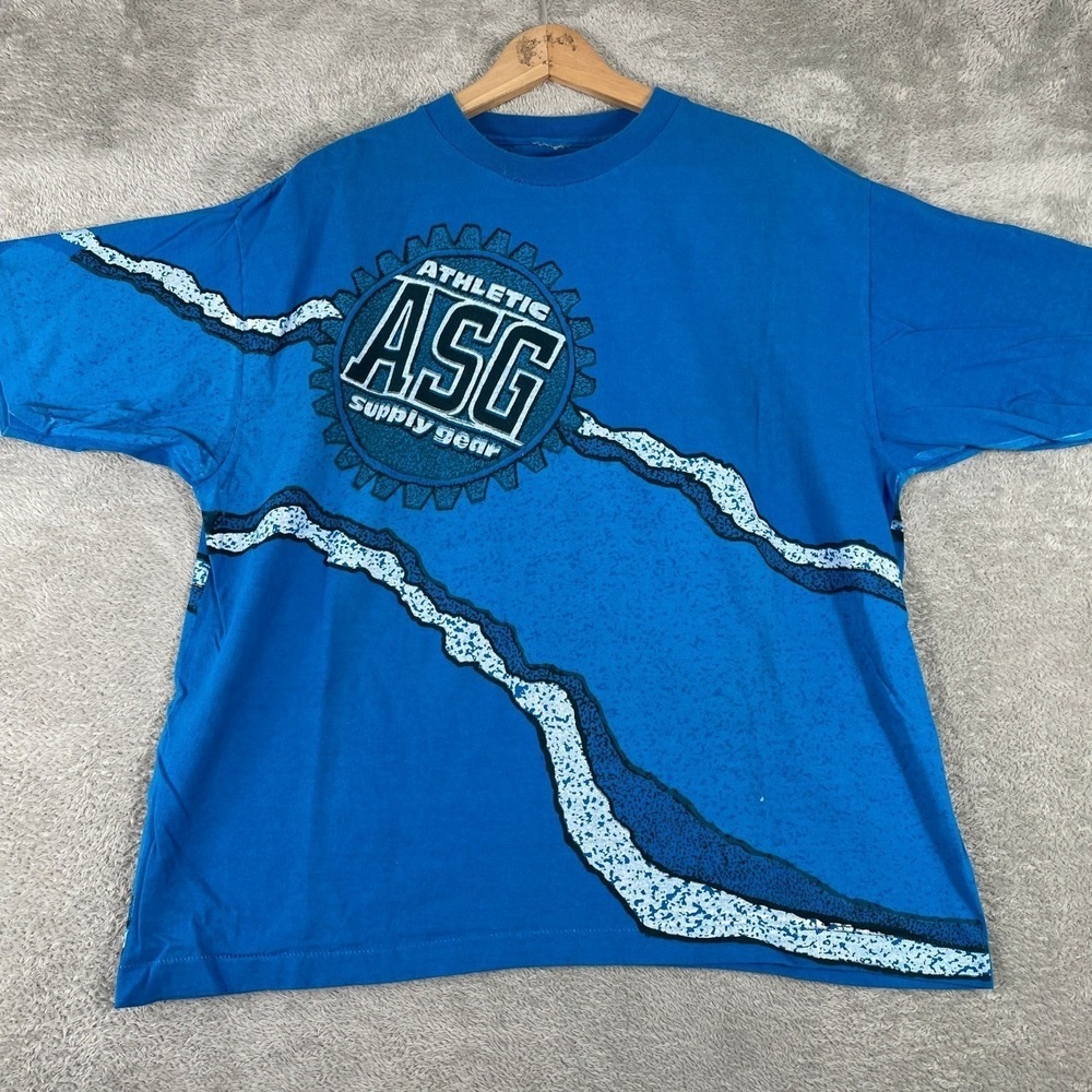 Vintage ASG Athletic Supply Gear T Shirt Mens Large Blue Graphic Skater 90s